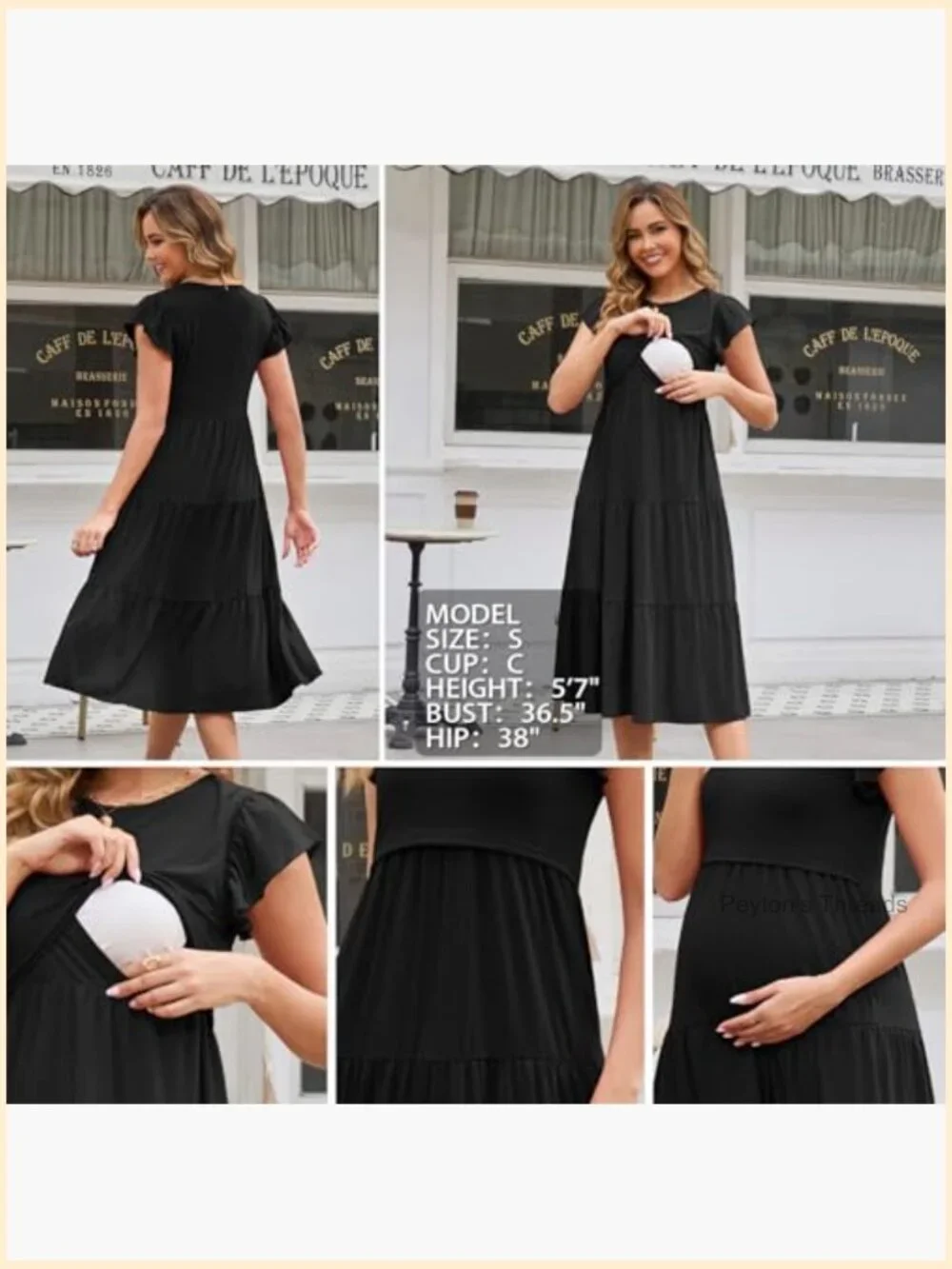 Nursing Dress Flutter Sleeve Crew Neck Tiered Maternity Midi Breastfeeding Dress